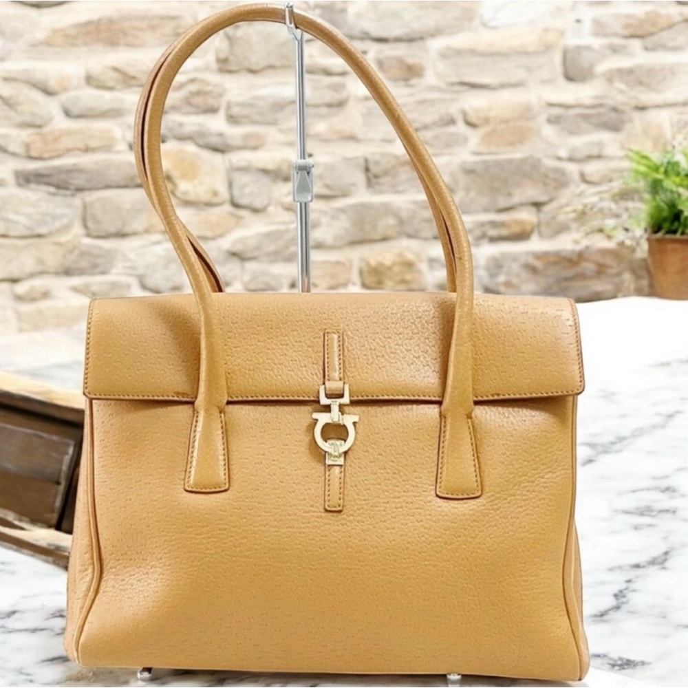 Salvatore Ferragamo Gancini Tan Leather Shoulder Bag